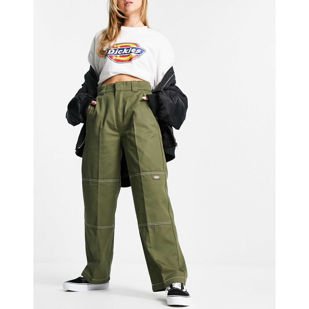 Dickies Double Knee Pants Womens 8R 29x28 High Rise Relaxed Fit Twill Olive